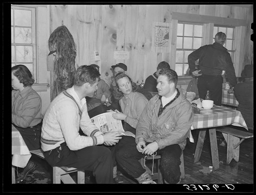 Untitled photo, possibly related to: Skiers in ski hut built by Clinton Gilbert, farmer in Woodstock, Vermont