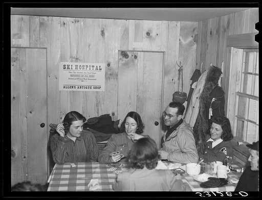 Weekend skiers, often from New York, can get warm and dry and refreshments in ski hut built by Clinton Gilbert, farmer in Woodstock, Vermont