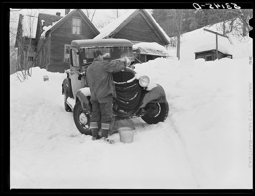 Many farmers blanket their cars and let water out of radiators to prevent freezing in winter. Woodstock, Vermont