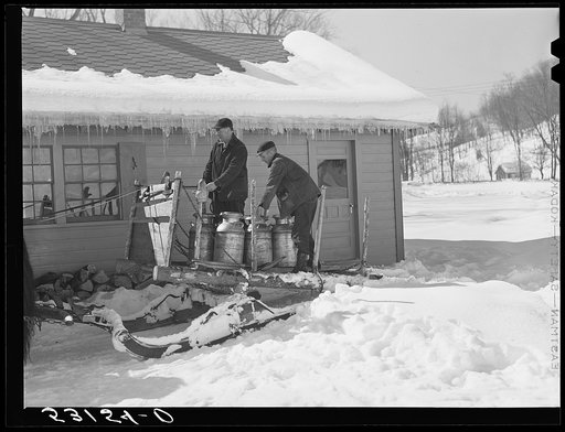 Hauling water in milk cans after pipes have frozen. Clinton Gilbert's farm, Woodstock, Vermont