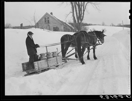 Hauling water in milk cans after pipes have frozen. Putney farm, Woodstock, Vermont