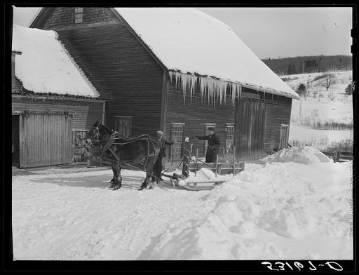 Untitled photo, possibly related to: Clearing deep snow out of front barnyard so that if a sudden thaw comes, the cellar and first floor of house and barn will not be flooded. Putney farm, Woodstock, Vermont