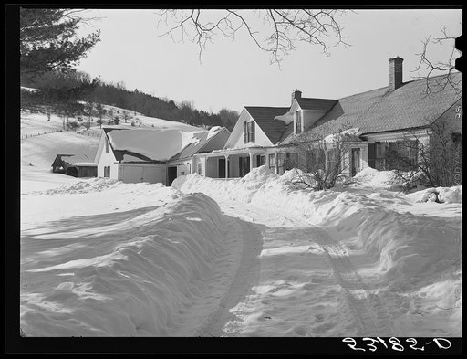 Untitled photo, possibly related to: Snow slides off the roof and piles high in front of window of farmhouses. Woodstock, Vermont