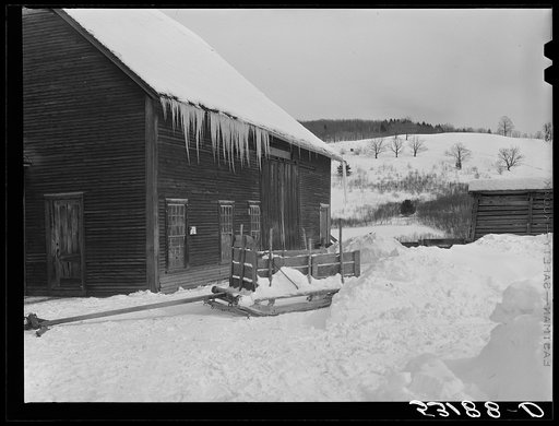 Untitled photo, possibly related to: Clearing deep snow out of front barnyard so that if a sudden thaw comes, the cellar and first floor of house and barn will not be flooded. Putney farm, Woodstock, Vermont