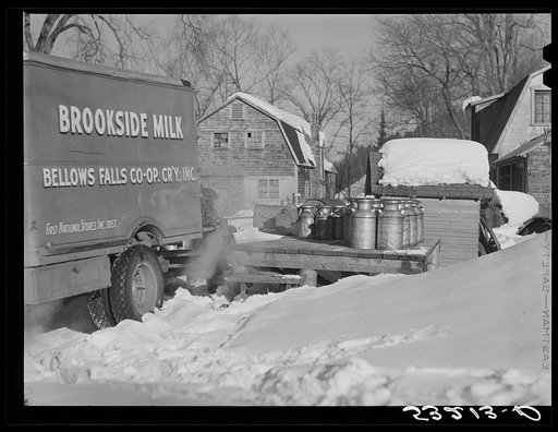 Untitled photo, possibly related to: Farmers bring their cans of milk to the crossroads early every morning, where they are picked up by large cooperative farmers trucks, Woodstock Vermont