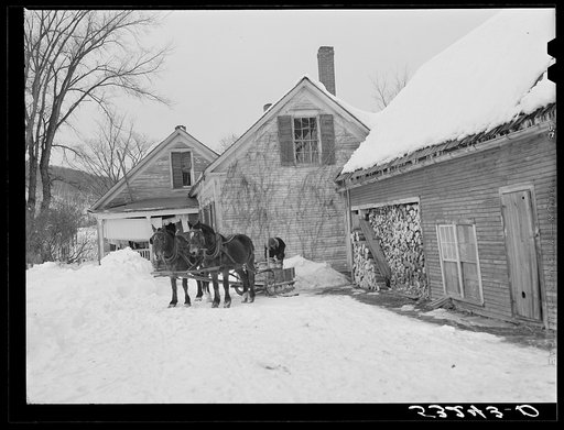 Untitled photo, possibly related to: Hauling water in milk cans and sled to Putney farm. All other sources of water supply were frozen for two months. Woodstock, Vermont