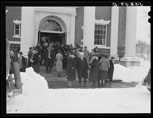 Townspeople outside town meeting place. Woodstock, Vermont