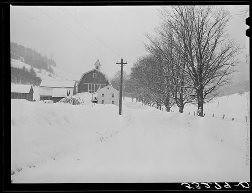 Highway and farm during snowstorm. Near Barnard, Windsor County, Vermont