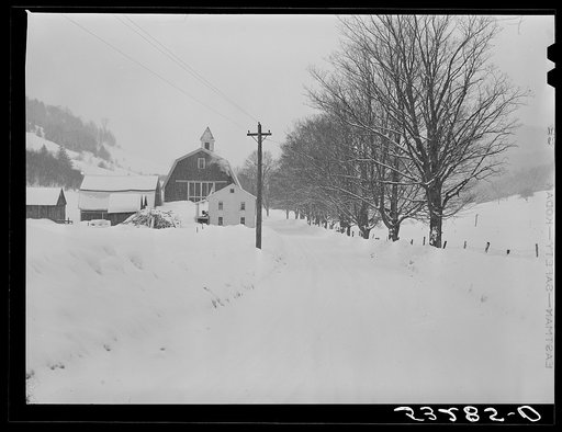 Untitled photo, possibly related to: Dairy barn and farm during snowstorm near Barnard. Windsor County, Vermont