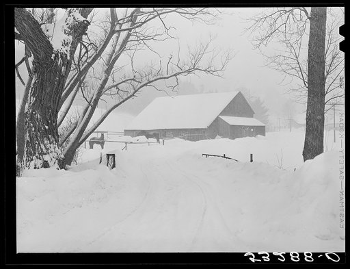Untitled photo, possibly related to: Dairy barn and farm during snowstorm near Barnard. Windsor County, Vermont