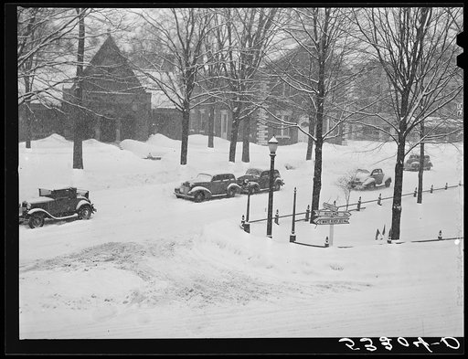 Crossroads during snowstorm in Woodstock, Vermont