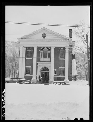 Town hall on day of town meeting. Woodstock, Vermont