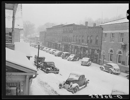Center of town during snowstorm. Woodstock, Vermont