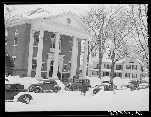Town hall on day of town meeting. Woodstock, Vermont