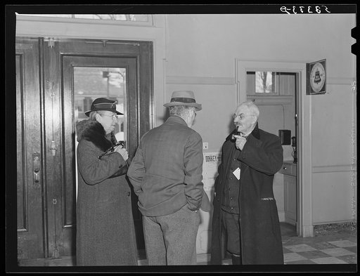 Citizens discussion town meeting in lobby of town hall. Woodstock, Vermont