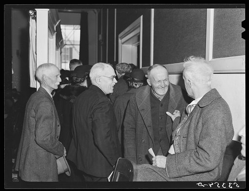Townspeople going to vote by ballot on whether or not pinball machines should be allowed. Town meeting, Woodstock, Vermont