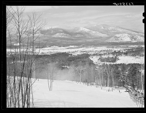 North Conway, New Hampshire, from Cranmore Mountain. Presidential range of White Mountains in distance. Skiers are taken up to the top by the skimobile. Eastern slopes ski territory. North Conway, New Hampshire