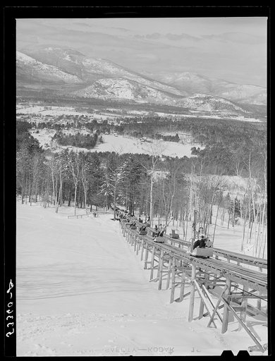 North Conway, New Hampshire, from Cranmore Mountain. Presidential range of White Mountains in distance. Skiers are taken up to the top by the skimobile. Eastern slopes ski territory