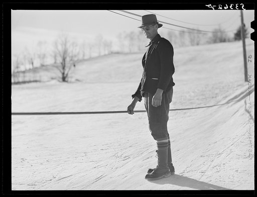 Mr. Dickinson, farmer and his ski tow, which he installed on his property three years ago, at cost of about one thousand dollars. This past winter was the first time he made money on it but business is increasingly rapidly now. Lisbon, near Franconia, New Hampshire