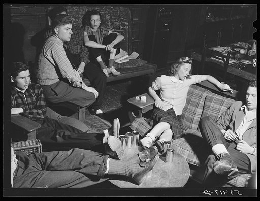 Untitled photo, possibly related to: Skiers from Boston, Massachusetts, relaxing in lodge at North Conway, New Hampshire