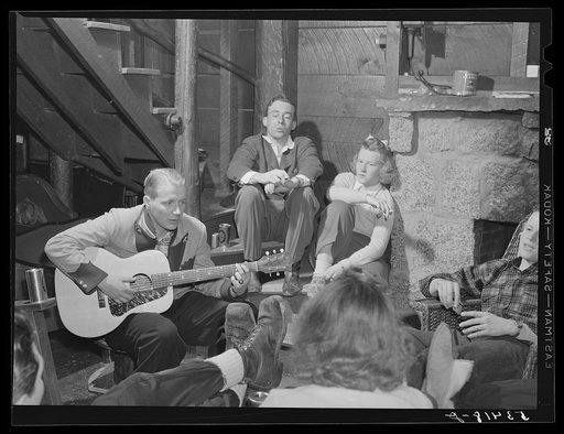 Skiers from Boston, Massachusetts, relaxing in lodge at North Conway, New Hampshire