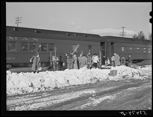 Skiers arriving early in the morning with the weekend "ski-meister." North Conway, New Hampshire, center of the Eastern Slopes ski territory