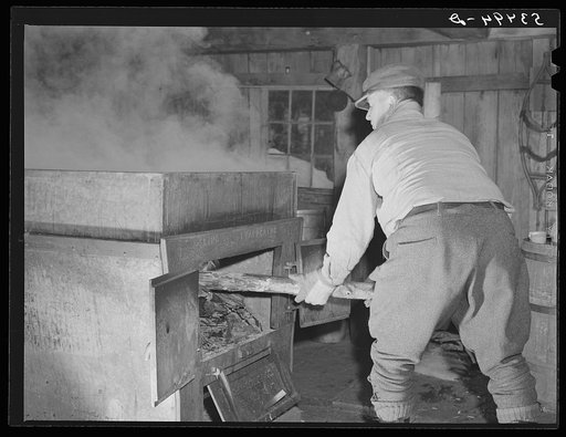 Mr. Walter M. Gaylord "firing" the King evaporator during boiling of maple syrup. Gaylord's farm, Waitsfield, Mad River Valley, Vermont