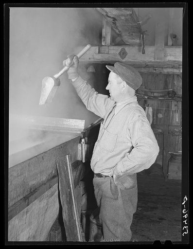 Walter. M Gaylord dripping the boiled-down maple syrup to see if it has reached the correct consistency for maple syrup. Making maple syrup on King evaporator. Waitsfield, Mad River Valley, Vermont. He averages about 150 gallons of syrup annually, this year tapped only 600 out of his 1000 trees, bec