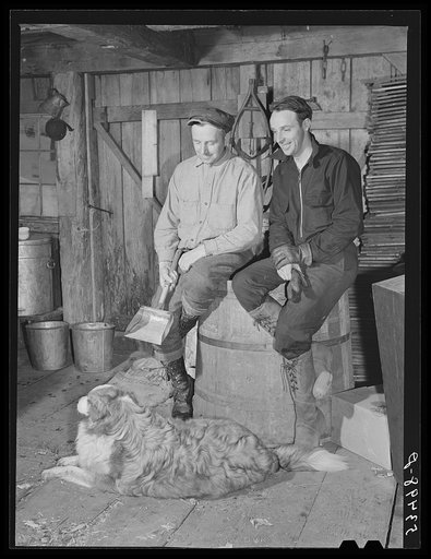 Mr. Walter M. Gaylord, and his neighbor, George Wallis, discussing syruping in the sugar house while the sap is boiling into maple syrup. Waitsfield, Mad River Valley, Vermont