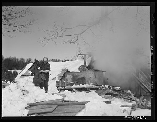 Vat and cans used in gathering sap for maple syrup outside sugar house on Frank Shurtleff's farm. North Bridgewater, Vermont