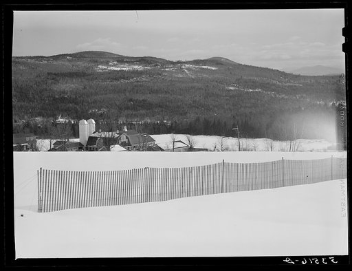 Iris dairy farm and drift fence near Franconia, New Hampshire