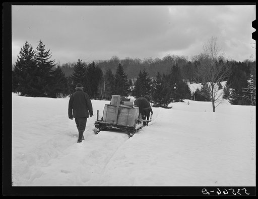 Untitled photo, possibly related to: Horse-drawn sled with vat of sap from maple sugar trees, which is boiled down to maple syrup. Frank Shurtleff farm, North Bridgewater, Vermont