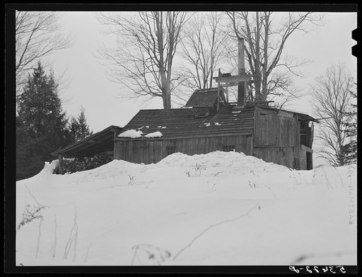 Sugar house on Walter Gaylord's farm. Mad River Valley, Vermont. Making syrup on King evaporator. He averages about 150 gallons of syrup annually this year tapped only 600 out of his 1000 trees because of unusually deep snow and late spring. He owns several farms; in this particular farm unit there 