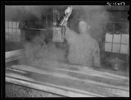 Walter M. Gaylord dripping the boiled-down maple sap to see if it has reached correct consistency. Waitsfield, Mad River Valley, Vermont