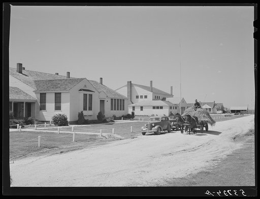 Lloyd Young, FSA (Farm Security Administration) borrower, hauling load of hay past office and community building. Plum Bayou Project, Arkansas (see general caption)