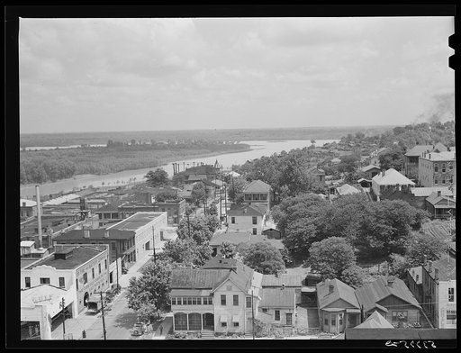 Vicksburg, Mississippi and an arm of the Mississippi River just before a rainstorm in the afternoon