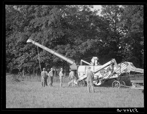 Untitled photo, possibly related to: Cooperative oat thrasher, purchased by E.H. Lester through FSA (Farm Security Administration) community co-op service loan. West Carroll Parish, Louisiana