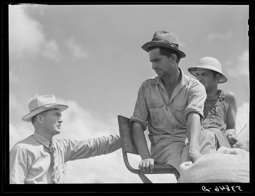 Willie R. Roberts, parish supervisor, talking with Otis Coody about his cooperative combine purchased through FSA (Farm Security Administration) to harvest crops of low income farmers and FSA borrowers in West Carroll Parish, Louisiana
