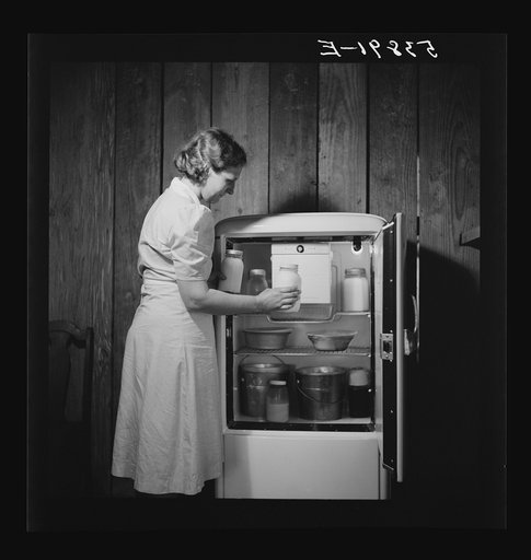 Untitled photo, possibly related to: Mrs. Pleas Rodden putting fresh milk from their own cow in their frigidaire. They are FSA (Farm Security Administration) rural rehabilitation borrowers. West Carroll Parish, Louisiana