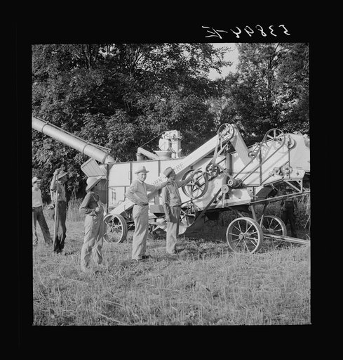 Untitled photo, possibly related to: Cooperative oat thrasher, purchased by E.H. Lester through FSA (Farm Security Administration) community co-op service loan. West Carroll Parish, Louisiana