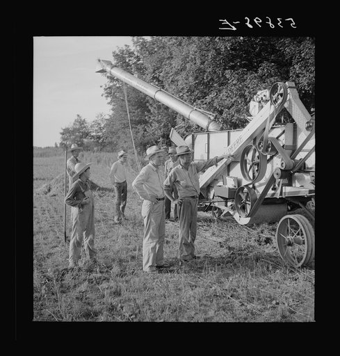 Untitled photo, possibly related to: Cooperative oat thrasher, purchased by E.H. Lester through FSA (Farm Security Administration) community co-op service loan. West Carroll Parish, Louisiana