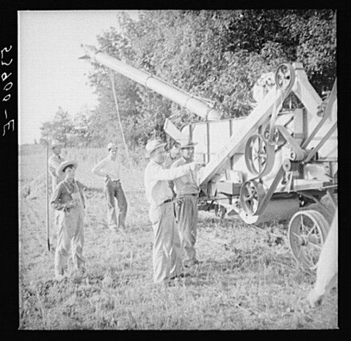 Untitled photo, possibly related to: Cooperative oat thrasher, purchased by E.H. Lester through FSA (Farm Security Administration) community co-op service loan. West Carroll Parish, Louisiana