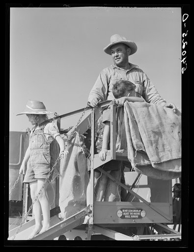 Untitled photo, possibly related to: Golus Skipper on the co-op association's binder while threshing Willy Anglin's oats. Transylvania Project, Louisiana