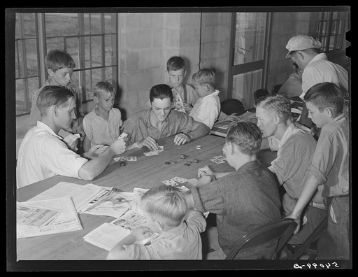 The assembly building is always open for games, reading, recreation and meetings at Osceola migratory labor camp. Belle Glade, Florida