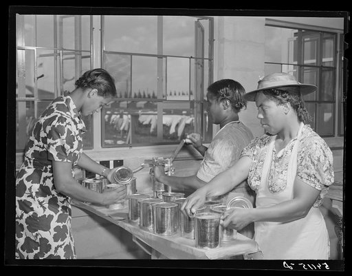 Camp members canning tomatoes in utility building at Okeechobee migratory labor camp. Belle Glade, Florida