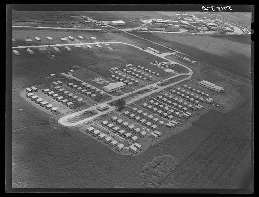 Aerial view of Osceola migratory labor camp, with some of packing house sheds in background. Belle Glade, Florida