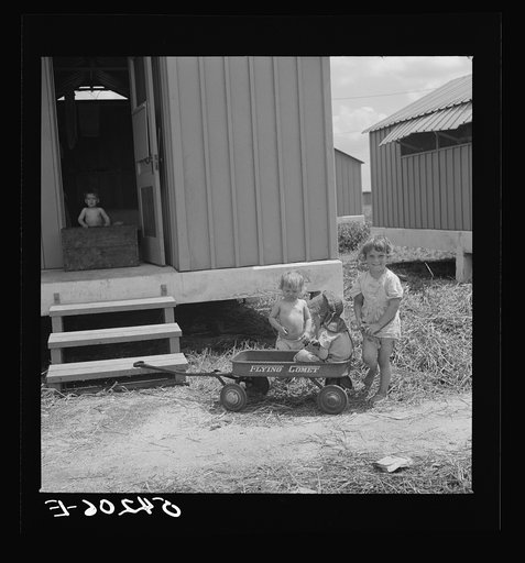 Untitled photo, possibly related to: Camp members' children playing outside their shelters at Osceola migratory labor camp. A nursery school and equipped playground is to be provided for them. Belle Glade, Florida