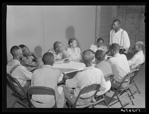The camp council meets to discuss any problems, improvements and plans; sometimes takes a vote and decides that an undesireable and uncooperative family should leave. Okeechobee migratory labor camp, Belle Glade, Florida