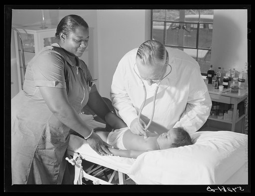Untitled photo, possibly related to: Doctor William J. Buck examining child, with mother and camp nurse assisting, in clinic at Okeechobee migratory labor camp. Belle Glade, Florida