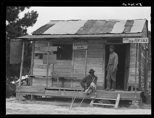 Untitled photo, possibly related to: Natchitoches, Louisiana. A Negro sitting on the porch of a store where live fish are for sale